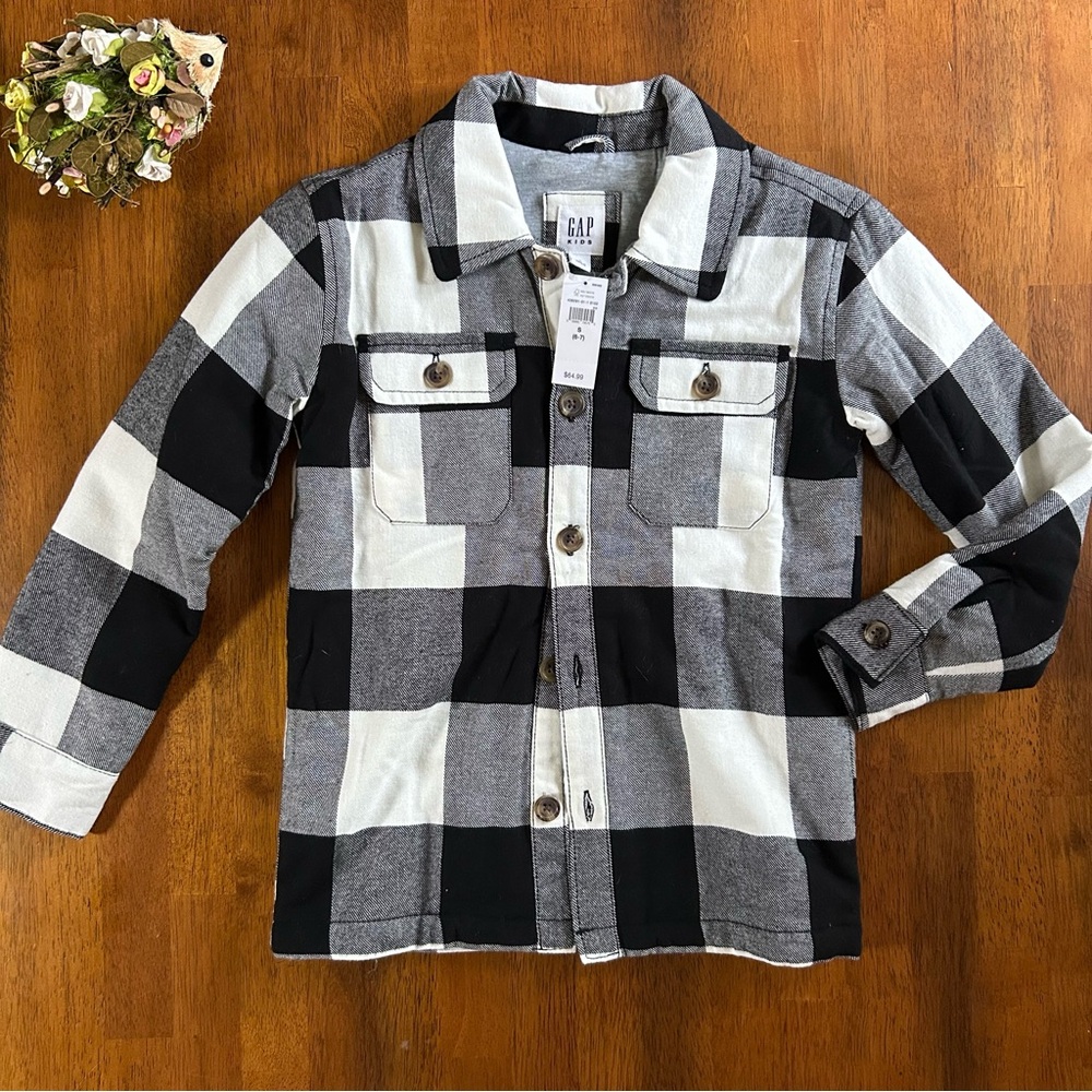 GAP Buffalo Plaid Shacket Boy Size Small 6-7 Black & White Checkered Layer NWT
